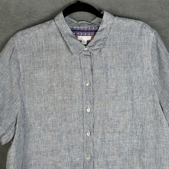 J Jill Top Womens Extra Large Blue Striped Floral Short Sleeve Linen Resort - Picture 2 of 13